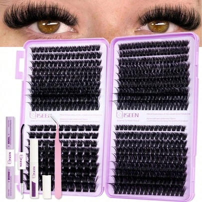 Bộ 558 sợi mi giả cỡ lớn, siêu dày 150D, mi giả lông chồn D-Curl bồng bềnh, độ dày 80D-100D-120D-200D, bao gồm keo dán mi, nước tẩy trang, dụng cụ uốn mi, nhíp để tự nối mi tại nhà.