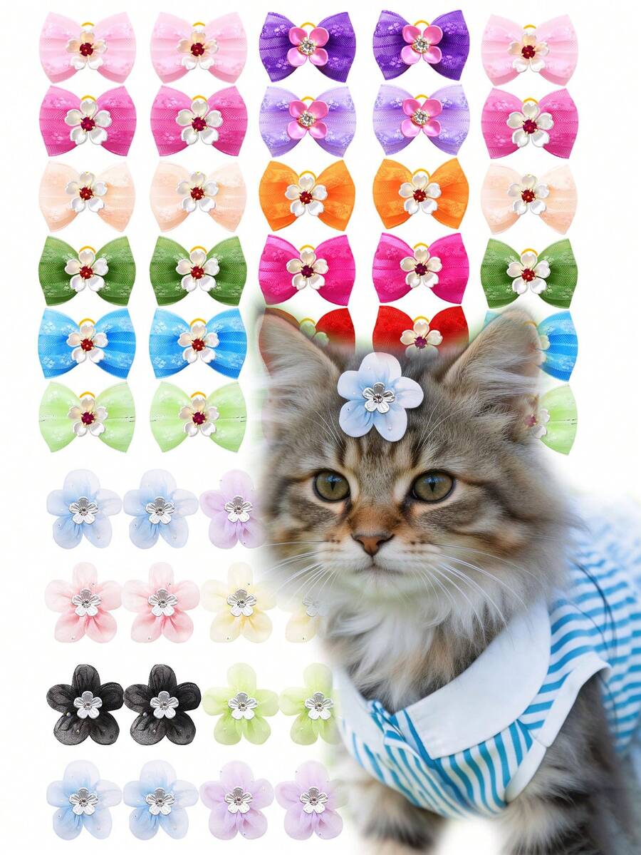 12/20pcs Mini & Small Pet Dog Cat Summer Sakura Flower Headband Set, New Handmade Bowknot With Elastic Band, Floral Pet Hair Accessories, Spring Limited Edition Sakura Elements, Mixed Styles - Multicolor - View 1