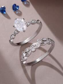 Bộ 2 nhẫn cưới nữ thanh lịch, nhẫn hình bầu dục cổ điển sáng bóng đính đá Cubic Zirconia tổng hợp, nhẫn đôi, tượng trưng cho sự sang trọng và quý phái, chế tác những chiếc nhẫn đính hôn/cưới duyên dáng và đẹp mắt. - Bạc - Xem 1