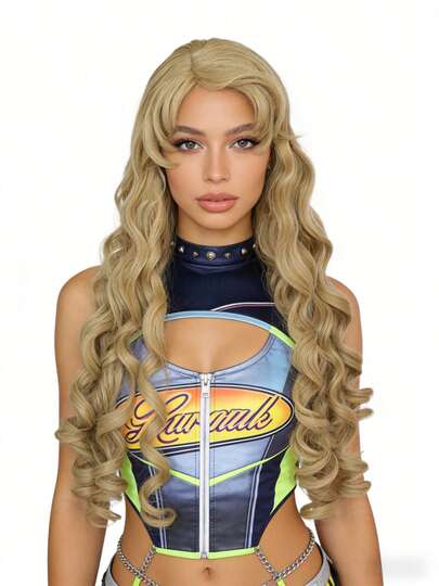 Y2K 长卷发假发 女士耐热合成假发 带刘海 适合音乐节派对角色扮演 复古 2000 年代魅力风格 金色挑染波浪卷发