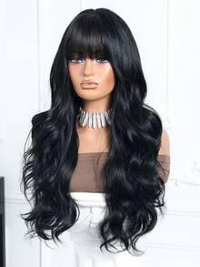 28英寸棕色波浪卷发合成假发，带刘海，耐热纤维，外观自然，适合日常佩戴、派对、上学、休闲、运动、学院风、万圣节、圣诞节礼物、送给女朋友的礼物 - 黑色 - 查看 7