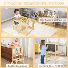 COSTWAY 3-In-1 Foldable Kitchen Standing Tower For Toddlers, Montessori Toddler Step Stool W/ Chalkboard, Weaning Table, Stool & Safety Rail For Bathroom & Kitchen Counter, Natural - Apricot - View 6