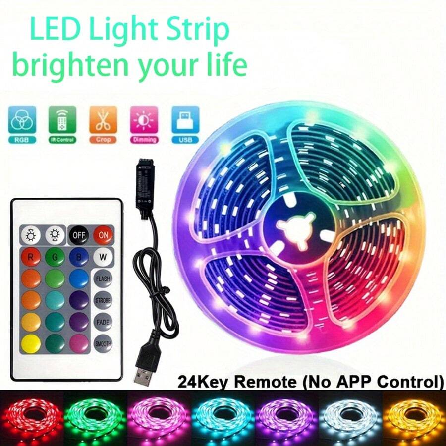 1 pieza Tira de luz LED inteligente de 1m-20m con control remoto de 24 teclas - Alimentada por USB, cambia de color, adecuada para dormitorio, sala de estar, sala de juegos, banda, fiesta y decoración de eventos - Incluye control remoto y función de temporizador