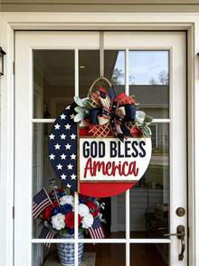 1pc Rustic 4th Of July God Bless America Door Sign, Patriotic Welcome Hanging Decor, Party Wreath With American Flag Ribbon Bow, Holiday Wall Decoration For Independence Day - Multicolor - View 5