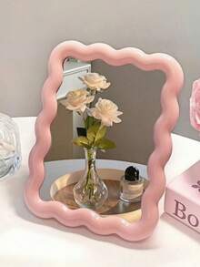 Cute Cream-Colored Wavy Design Makeup Mirror, Dopamine Desktop Portable Mirror, Can Be Placed On Table Or Hung On Wall, Suitable For Bedroom, Travel, Student Dorm, Vanity, Office Small Mirror - Multicolor - View 16