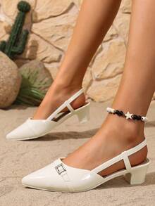 New Spring/Autumn French Style Chunky Heel Pointed Toe Mid-Heel Pumps, Low Vamp Non-Fatiguing Work Shoes For Women - White - View 6