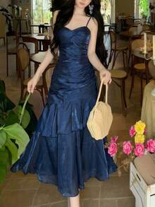 闪亮荷叶边下摆派对礼服，优雅炫彩吊带演唱会礼服，时尚伴娘正式生日毕业礼服，春夏婚纱 - 藏蓝色 - 查看 4