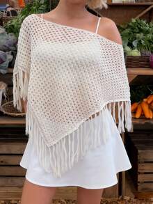 Women's Crochet Slawl Top Hollow Out Off The Shoulder Asymetrical Hem With Tassel Y2K Knitted Pullover Poncho Shawl Lightweight Fringe Wrap Knitwear Cape - trắng - Xem 7