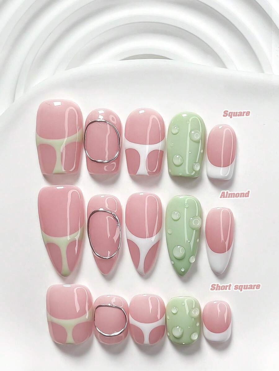 10pcs Summer Style Handmade Nail Art Set, Including Gel Nail Polish, Lines, Water Drop Nail Decor, Green And White Nail Polish, Minimalist And Elegant Style, With Nail Tools (1 Jelly Sticker + 1 Nail File). Available In 3 Sizes: Square, Short Square, Almond. Suitable For Parties, Daily Wear, Parties, Photography, Spring/Summer Commute. Press On Nails - 彩色 - 查看 1