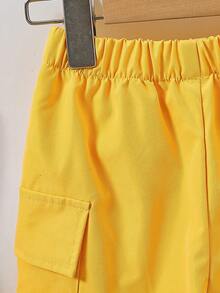 2pcs Kids Casual Set! Knit Printed Short Sleeve Top + Cargo Shorts, Comfortable Summer Outfit - Yellow - View 8