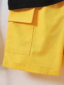 2pcs Kids Casual Set! Knit Printed Short Sleeve Top + Cargo Shorts, Comfortable Summer Outfit - Yellow - View 7