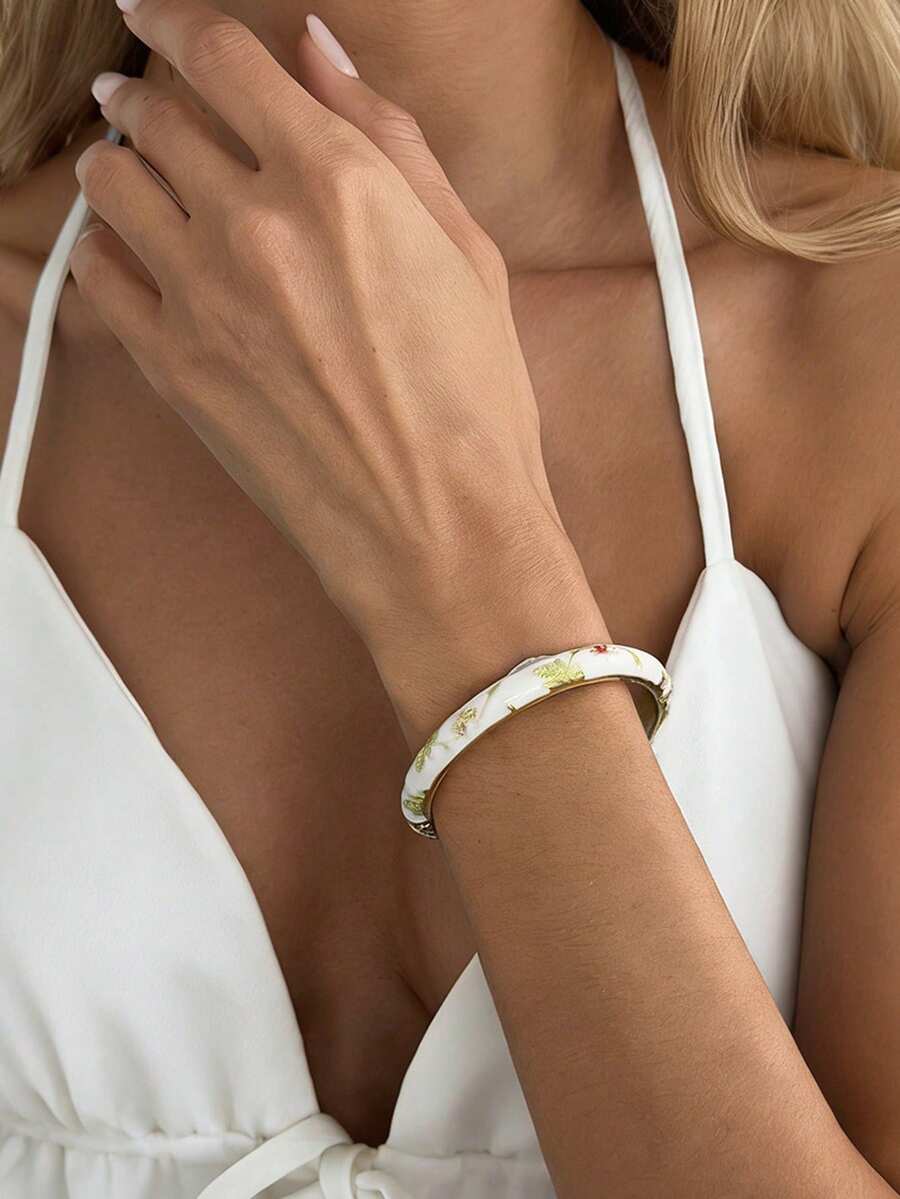 1 Stück erfrischender Blumen Frühlings Armreif, einzigartiger modischer Emaille Tropföl zarter Blumen Armband, geeignet für Damen Alltag, Urlaub und Partytragen - Platin - Übersicht 1