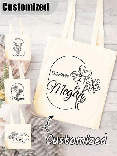 Customizable Canvas Tote Bag, A Gift For Mom, Personalized Name Canvas Tote Bag With Flowers, Birthday Month, Or Floral Design, Perfect For A Bachelorette Party Or Bridesmaids, A Wedding Gift For A Woman.