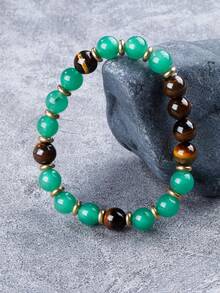 1件招财手链，绿东陵玉和虎眼石串珠手链，寓意富足、繁荣、好运和成功，适合冥想、精神和健康佩戴，男女皆宜 - 彩色 - 查看 2