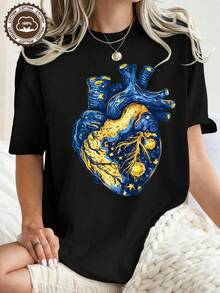 % Cotton Plus Size Women's Van Gogh Starry Night Heart-Shaped Swirl Pattern-Shirt, Women's Cotton Round Neck Summer-Shirt, Casual Short Sleeve Top, Unique Style Daily Wear, Loose Fit, Breathable And Soft, Holiday Vacation Outfit - White - View 8
