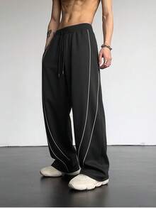 American Streetwear Style Drawstring Wide Leg Pants, Loose Straight Casual Knit Trousers With Side Contrast Stripes - Black - View 1