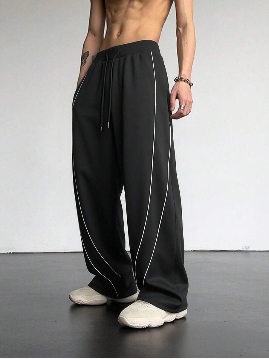American Streetwear Style Drawstring Wide Leg Pants, Loose Straight Casual Knit Trousers With Side Contrast Stripes - Black - View 1