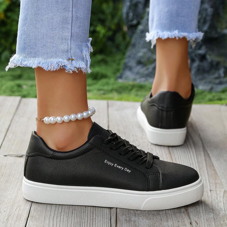 Mẫu mới năm 2026: Giày thể thao nữ casual, giày chạy bộ nhẹ, thoáng khí, giày đế bằng buộc dây màu trắng đa năng cho mùa xuân/hè. - màu đen - Xem 1