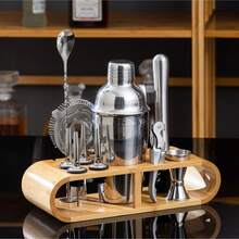 12 pezzi Set Shaker per Cocktail in Acciaio Inossidabile con Supporto in Bambù, Strumenti da Barman Completi per Bar Domestico - Visualizzare 1
