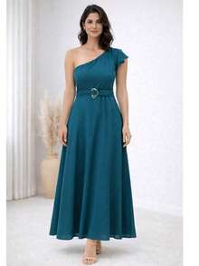 Elegant One-Shoulder Viscose Linen Long Dress For Parties - Petroleum Green - View 2