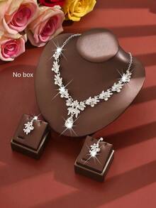 Women's Three Pieces Bridal Wedding Necklace Earring Set & Wedding Party Exquisite Accessory Combination - Silver - View 2