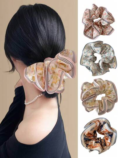 1 chiếc dây buộc tóc bằng vải họa tiết hoa mộc mạc có viền xếp nếp, dây buộc tóc in hoa dành cho nữ, kẹp tóc đuôi ngựa.