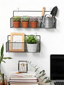 1/2pcs No-Drill Wall Hanging Storage Basket, Waterproof Rust-Proof Wall Mount Organizer Basket, Suitable For Dorm Room & Bedroom, Student Essential For Organizing Books & Stationery - Black - View 8