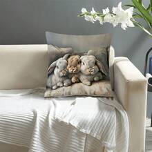 1 pieza 1 Funda de almohada suave de Pascua con impresión de un solo lado, múltiples tamaños, sin bordado, con el diseño de tres conejos mini lop-eared grises acostados en un sofá suave, funda de almohada decorativa adecuada para cama y sofá, sin relleno de almohada - 1PC - Ver 2