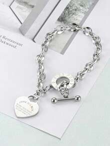 1 Stück Damen Edelstahl Herz gravierte Titan Kette Armband, mit T-Verschluss, geeignet für den täglichen Gebrauch und als Geschenk für Dates - Armband - Übersicht 2