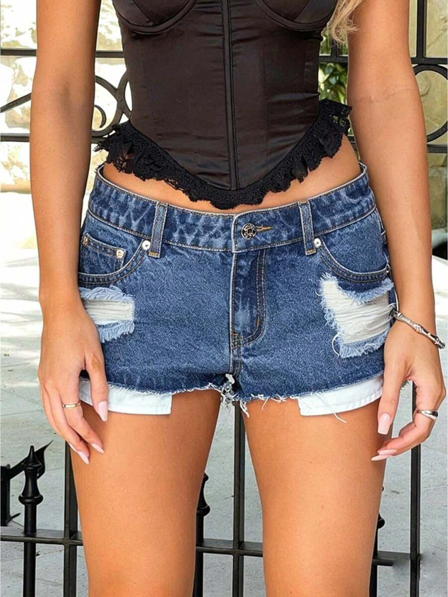 Women's Slim Ripped Denim Shorts Mid Rise Distressed Jean Shorts Frayed Hem Summer Bottoms - Blue - View 1