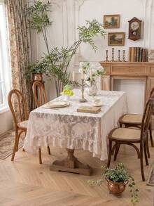 1pc Solid Color French Style Peony Ruffled Tablecloth, French Luxury Lightweight Lace With Ruffle Decor, Suitable For Dining Room, Coffee Table, Living Room, Bedroom, Kitchen, Party, Picnic, Wedding - Beige - View 3