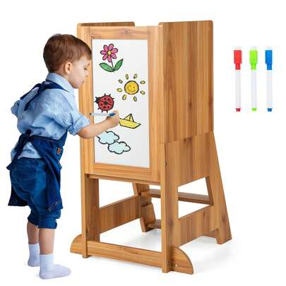  COSTWAY Toddler Standing Tower, Multipurpose Wooden Kitchen Step Stop With Whiteboard & Blackboard, 3 Water-Based Pens, Adjustable Platform & Step, Removable Safety Rail, For Kitchen, Bathroom, Counter, Natural