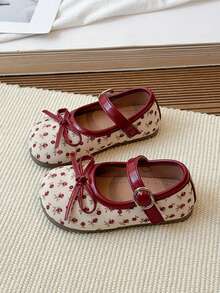 1 Pair Girls' Ditsy Floral Minimalist Bow Imitation Shoes, Fashionable & Elegant Spring/Autumn Campus Style Shoes - Red - View 3