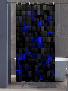 4pcs Geometric Square Pattern Shower Curtain Set, Shower Curtain With 12 Hooks, Non-Slip Bath Mat, U-Shaped Toilet Mat, Toilet Mat, Bathroom Decoration Accessories - A - View 22