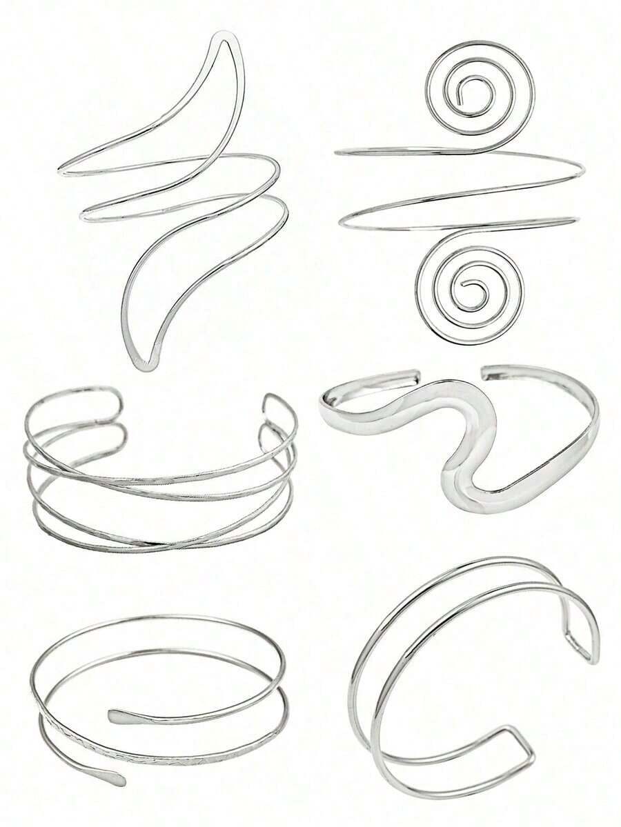 6pcs/Set Adjustable Metal Silver Simple Geometric Spiral Arm Cuff Bracelet Set, Summer Vacation Style, Halloween Decoration - 6件黃金-1 - 查看 1