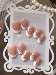 10片法式粉色闪钻美甲贴片，短款办公日常佩戴假指甲套装，包含1张粘性贴片和1个迷你指甲锉。 - 彩色 - 查看 2