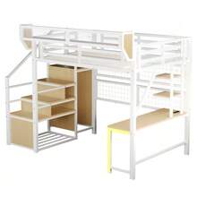 Metal Loft Bed 140 * 200 Cm, With Desk, Shelf And Storage Net, Complete With Safety Ladder, LED Lighting And Socket, Raised Railing, Black - White - View 4