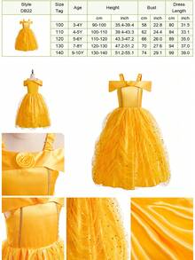 Bộ 6 món gồm váy công chúa màu vàng không tay, voan mỏng đính sequin, tóc giả, vương miện, đũa phép, găng tay, thích hợp cho bé gái dự tiệc, Giáng sinh, lễ hội. - Màu vàng - Xem 10