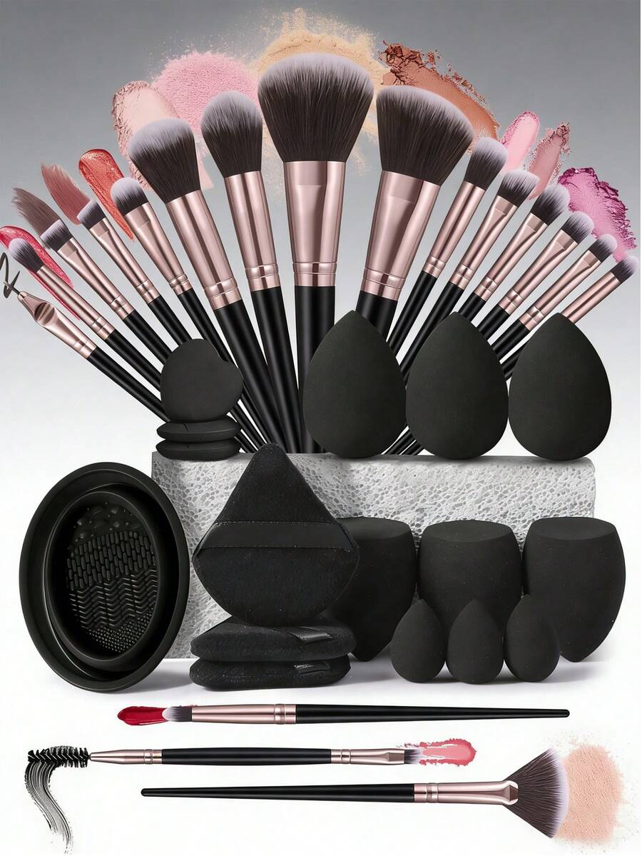 9/18/34pcs Makeup Brush Set, Includes: 18pcs Makeup Brushes + 6pcs Makeup Sponges + 3pcs Mini Makeup Sponges + 3pcs Makeup Powder Puffs + 3pcs Mini Air Cushion Puffs + 1pc Makeup Brush Cleaning Tool. Professional Makeup Kit, Suitable For Daily Use And Travel - Multicolor - View 1