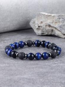 Brazalete de hombre de piedra natural lapislázuli y ojo de tigre, difusor de aceites esenciales de roca volcánica, paz interior, protección, joyería de energía espiritual unisex - Multicolor - Ver 5