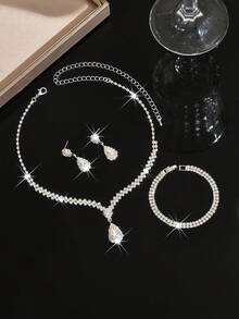 Set Perhiasan 3 Buah Kalung, Anting, dan Gelang Logam Perak Bertatahkan Berlian Imitasi, Aksesoris Pernikahan Pengantin - 734783 Perak-HB - View 4