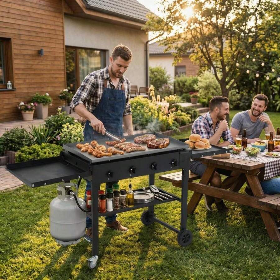 36" Flat Top Grill, 4-Burner Propane Gas Griddle Grill With Wheels & Foldable Side Shelves, Portable Outdoor Griddle, 60,000BTU Flattop Grills For Camping BBQ, Outdoor Cooking - Black - View 1