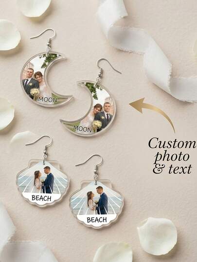 Personalized Photo Acrylic Earrings, Customized Moon Shell Pendant Earrings Suitable For Beach Weddings, Moon Shell Style, Ideal Wedding Anniversary Gift