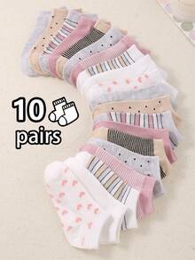 20/10/5 Pairs Random Color Striped Heart Pattern Children's Sports Short Socks, Soft Lightweight Low-Cut Seamless Socks, Suitable For All Seasons, Comfortable And Versatile, Solid Color Short Socks, Boat Socks, Girls' Socks - Multicolor - View 6