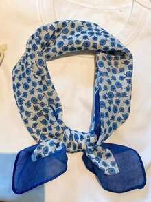 60厘米藏蓝色碎花真丝围巾，女士新款春秋优雅百搭薄纱领巾，轻盈时尚围脖 - 藏蓝色 - 查看 1