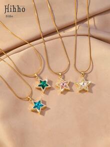 Hihho 1 chiếc vòng cổ hình ngôi sao năm cánh "Ước Nguyện Dưới Ánh Sao", đính đá Cubic Zirconia, thích hợp cho cả đi làm và hẹn hò. - Ngôi sao - Xem 2