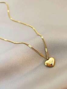 1pc Fashionable Stainless Steel Heart Charm Necklace For Women For Daily Decoration - Yellow Gold - View 1