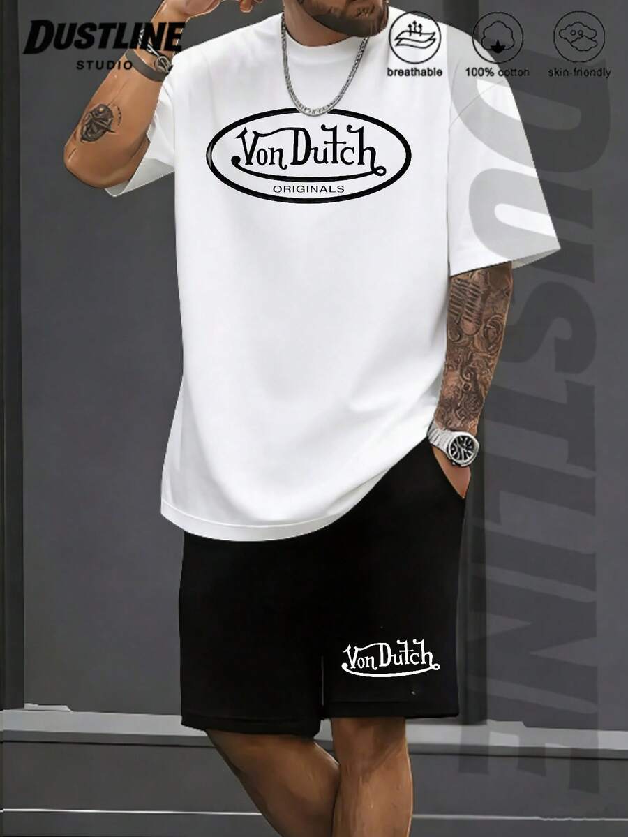 Mens Creative T Shirt And Shorts Set American Vintage Full Print Street Wear Essential T Shirt Set Men Graphic T Shirt And Shorts Set With Vons Dutchs Originals Logo Print Casual Outfit For Everyday Wear And Urban Style - 白色 - 查看 1