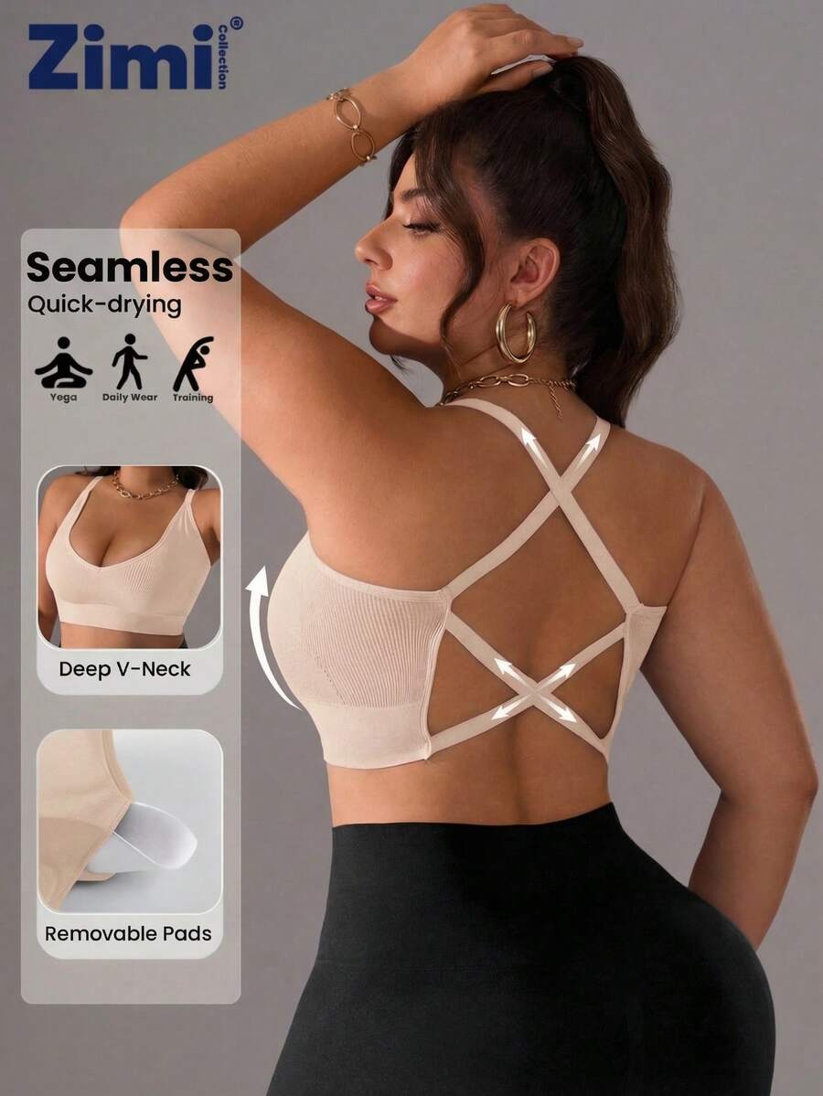 Zimi Collection Sujetador deportivo sin costuras de talla grande, de punto acanalado, con espalda cruzada, sin aros, con almohadilla extraíble, para gimnasio y actividades - Beis - Ver 1