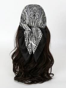 1条70*70厘米缎面印花围巾，时尚女士头巾、披肩、领巾 - 黑腰果 - 查看 1